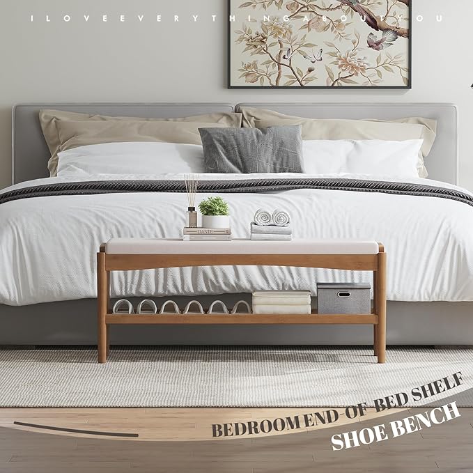 Shoe Bench Entryway Bamboo 2-Tier Shoe Rack with Cushion Padded Seat Shoe Bench Organizer Stable for Entry, Hallway, Living Room, Bedroom, Closet (39.4 * 11.4 * 16.5IN, Brown-Beige)