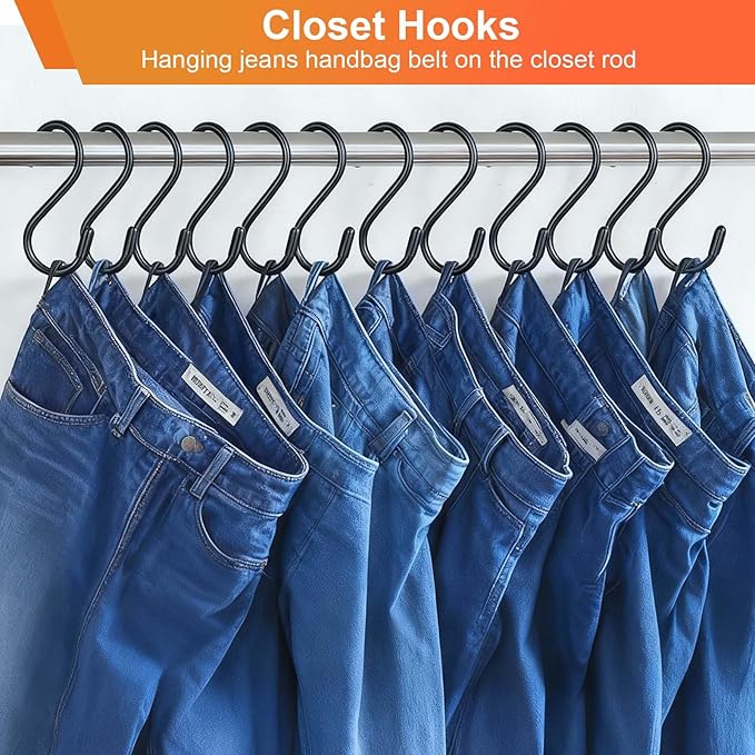 3 Inch Vinyl Coated S Hooks, 12 Pack S Hooks for Hanging Plants Heavy Duty, Small Non Slip Black Rubber Coated Metal Closet Rod Hooks for Hanging Jeans Plants Basket Bags Jewelry Towel Pot Pan Cup