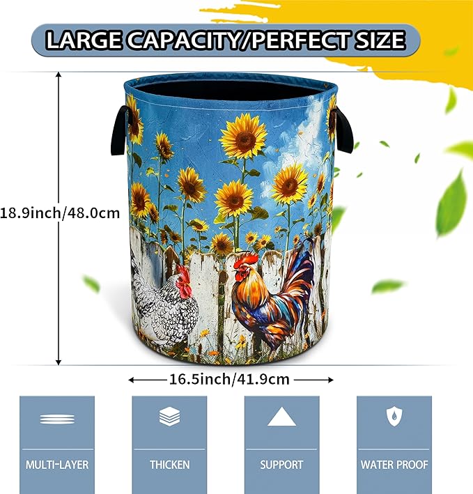 Chicken Laundry Basket Sunflower Foldable Waterproof Oxford Cloth Funny Tote Bag Laundry Hamper Clothes Storage Bucket Toy Organizer For Bathroom/Laundry Storage/Bedroom 18.9x16.5 Inch