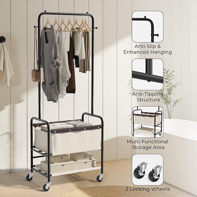 StorageWorks Laundry Cart with Hanging Rack, Rolling Laundry Hamper, Laundry Basket with Wheels, Laundry Room Clothes Sorter Storage Basket and Shelf, Beige