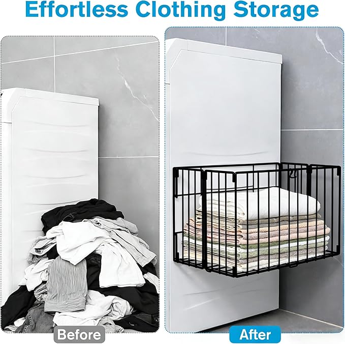 Magnetic Collapsible Laundry Basket, Foldable Metal Laundry Hamper for Washing Machine Side, Space Saving Pop Up Hamper, Laundry Room Organization and Storage (Black)