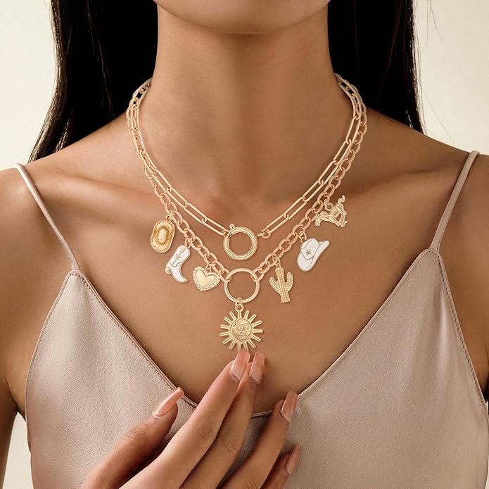 Chunky Gold Necklace for Women Gold Evil Eye Cowboy Pendant Necklace Dainty Paperclip Chain Vintage Luck Amulet Choker Necklaces Celestial Jewelry Gift