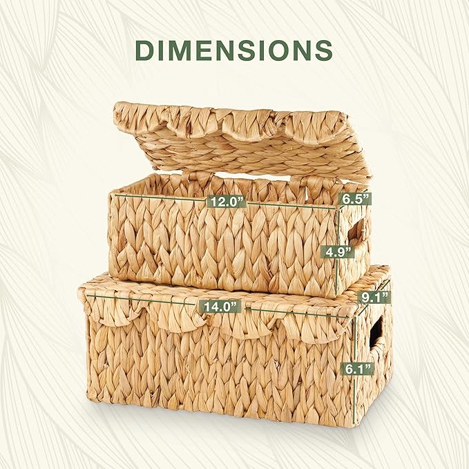 Set of 2 Scalloped Wicker Baskets with Lid - Woven Baskets with Lid - Rattan Storage Box - Woven Decorative Box