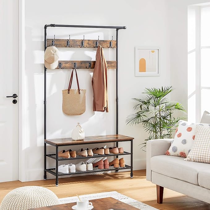 VASAGLE DAINTREE 3-in-1 Entryway Coat Rack and Storage Bench, Pipe Style Hall Tree with 9 Hooks, Multifunctional, Sturdy Steel Frame, Large Size, Industrial, Rustic Brown and Black UHSR47BX