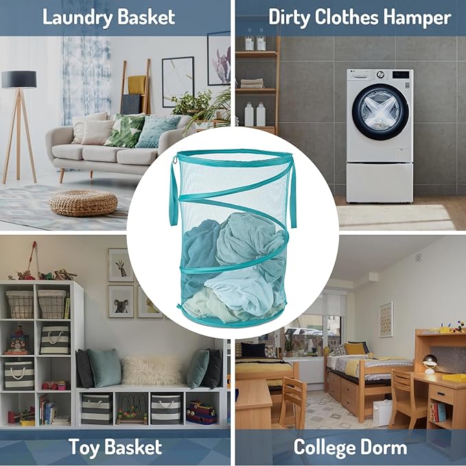 Seiritex Mesh Popup Laundry Hamper 115L Collapsible Laundry Basket No Lid Extra Large Capacity Foldable Clothing Storage Basket with Handles 26 H x 18 W x 18 L (Turquoise Blue)