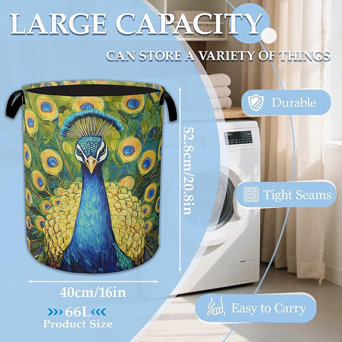 Peacock Laundry Basket Collapsible Laundry Hamper Clothes Toy Storage Bin for Bathroom Bedroom Room Decor 16" X 20.8"
