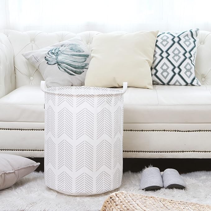 Sea Team 19.7 Inches Large Sized Waterproof Coating Ramie Cotton Fabric Folding Laundry Hamper Bucket Cylindric Burlap Canvas Storage Basket with Stylish Fishbone Grey Design