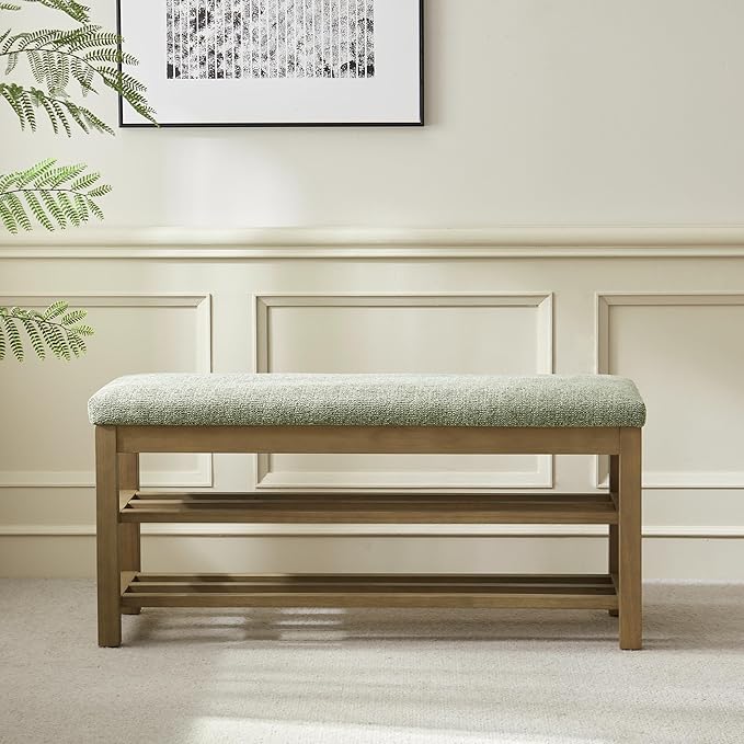 VKNOW 44.3” Wooden Entryway Bench, 2-Tier Upholstered Shoe Bench for Bedroom, Storage End of Bed Bench with Rubberwood Legs for Living Room, Hallway, Green