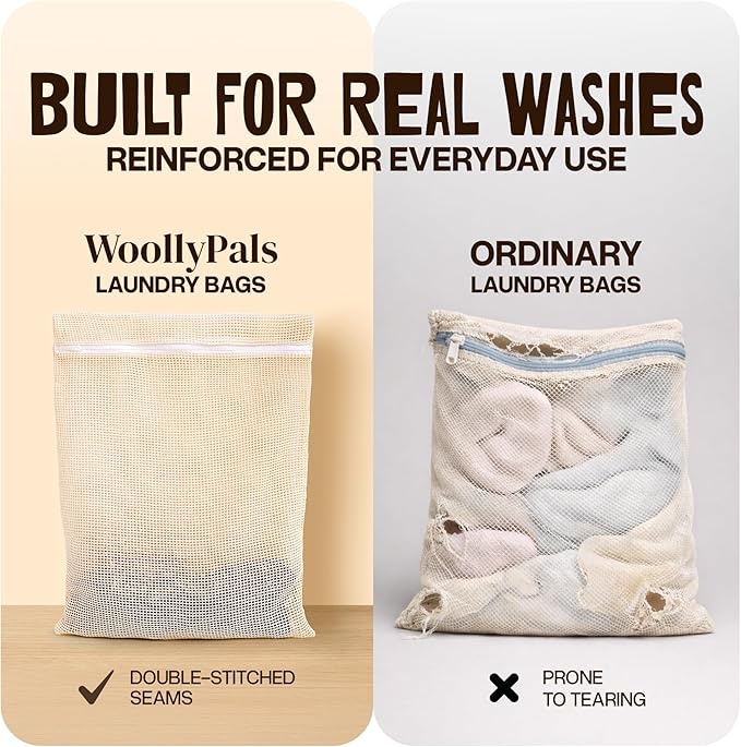 WoollyPals Large Cotton Mesh Laundry Bags (16" x 20") – 2-Pack with Drawstring Storage Pouch – Washer & Dryer Safe, Durable Zipper, Breathable Mesh for Clothes, Delicates, Underwear, Shoes & Lingerie