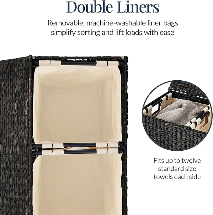 Best Choice Products Large Double Laundry Hamper with Lid, Natural Handwoven Water Hyacinth, 2 Sections w/ 2 Machine Washable Linen Liner Bags, Portable, Handles - Black