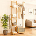 Solid Wood Coat Rack Clothing Rack with Wheels, Clothes Rack Freestanding with Storage, Heavy Duty Garment Rolling Rack Hall Tree with 4 Shelves & 4 Hooks for Entryway Hallway Office