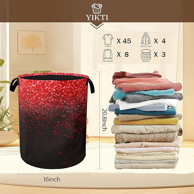 Red Sequin Laundry Basket,Glitter Clothes Hamper,Oxford Cloth Collapsible Nursery Hamper Storage Organization for Bedroom,Bathroom,Office,College Dorms,16x20 Inch