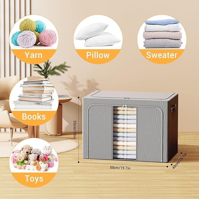 Clothes Storage Bins with Metal Frame Foldable Storage Box Clothes Organizers Storage Containers for Clothes Sheets Blankets Books Toys Gifts and Holiday Decorations (66Lx3 Pack) Deep grey