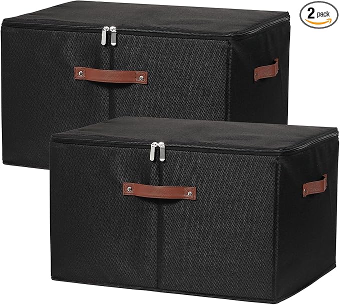 2 Pack Storage Bins with Zipper Lid Cotton Linen Fabric Lidded Storage Baskets Boxes Foldable Washable Closet Shelf Clothes Organizer Container with PU Leather Handles (Black, Jumbo Size)