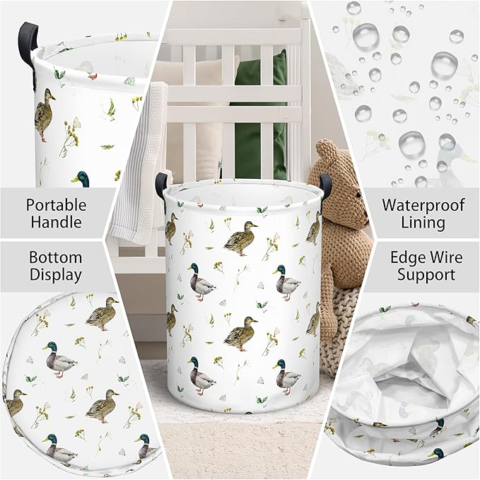 Mallard Duck Laundry Basket, Collapsible Waterproof Oxford Cloth Laundry Hamper, Funny Round Kids Toys Storage Basket as Room Decor, Cute Duck Dirty Clothes Hamper for Bedroom Bathroom Dorm (Brown)