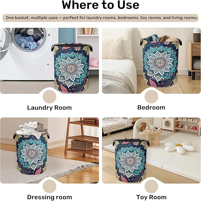 Bohemian Blue Flowers Laundry Basket, Dirty Clothes Basket, Water Resistant Foldable Hamper for Women, Storage Basket for Bedroom, Bathroom, Clothes
