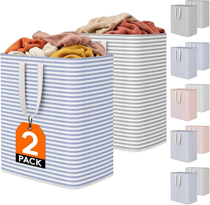Lifewit 2 Pack Laundry Hamper Large Collapsible Laundry Baskets, Freestanding Waterproof Clothes Hamper with Easy Carry Handles in Laundry Room Bedroom Bathroom College Dorm, Grey&Blue, 2 x 100L