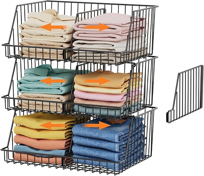 3-Tier Stackable Closet Organizers and Storage, Metal Wire Closet Shelves, Space-Saving Closet Organizer with Adjustable Dividers for Bedroom, Cabinet & Laundry Room