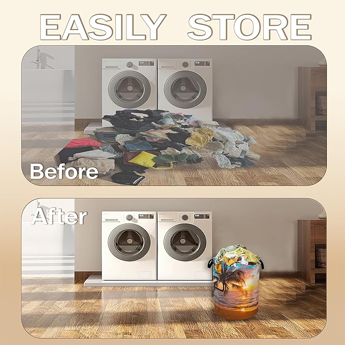 Tropical Palm Tree Laundry Hamper,Summer Beach Sunset Clothes Hamper for Laundry,Waterproof Oxford Toy Storage Collapsible Hampers for Bedroom, Dorm Room,Bathroom,16x20 Inch