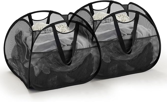 TECHMILLY Collapsible Mesh Pop Up Laundry Hamper with Strong Handles, Large Opening Clothes Hamper with Side Pockets, Storage Baskets for Dorm, Laundry Room, Bathroom or Travel (Black, 90L, 2Pack)