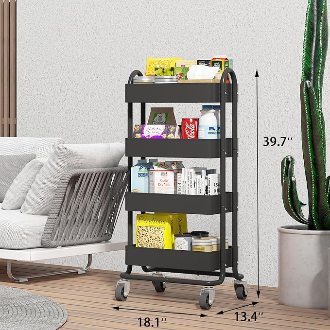Metal 4-Tier Rolling Cart with Handle,Multifunction 4-Tier Rolling Cart Metal with Wheels,Kitchen Storage Carts Suitable for Office,Home,Kitchen,Garden（13.4"x18.1"x40"） Black