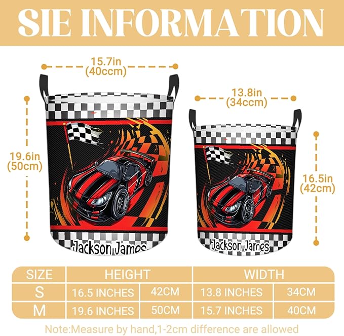 Personalized Car Racing Laundry Basket, Custom Laundry Hamper With Name Gifts For Kids Baby Adults, Collapsible Dirty Clothes Storage Organizer With Handles S 16.5 X 13.8in