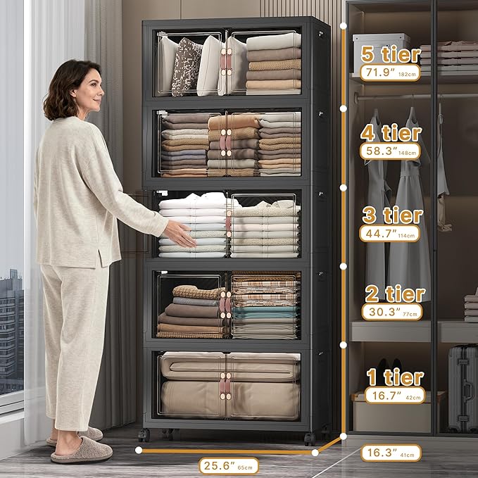 Extra Large Stackable Storage Bins with Lids & Wheels & Door,Foldable Collapsible Closet Organizers, Plastic containers drawers for bedroom Dorm (Dark-112QT, 5Pack with 1 top lid)
