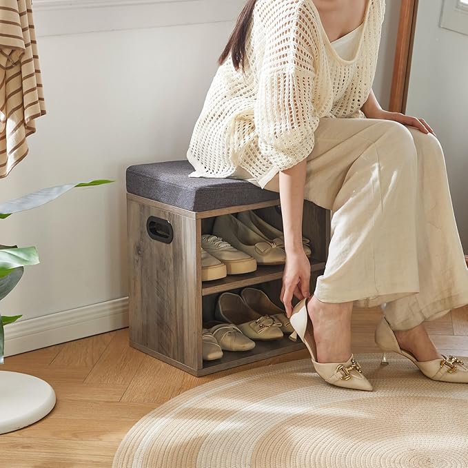 YMYNY Small Shoe Storage Bench with Cushion, 2 Tier Entryway Bench with Shoe Storage, Shoe Rack Bench for Entryway, Living Room, Hallway, Closet, Bedroom, 15.4L*11W*16.54H, Silver Gray UHBD028Y