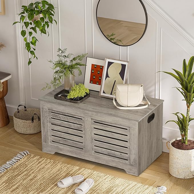DINZI LVJ Storage Chest, Flip-Top Wooden Toy Box with 2 Safety Hinges, Retro Entryway Shoe Bench, Sturdy Large Storage Trunk for Living Room, Bedroom, Toddler Room, Easy Assembly, Gray Wash