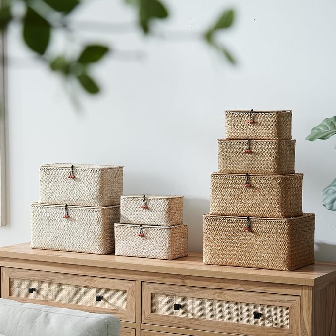 4 Pack, Wicker Baskets with Lids, Nautral Seagrass Storage Baskets, Wicker Storage Baskets for Organizing, Rustic Rectangular Storage Basket, Rattan Storage Organizer for Shelf Whitewash