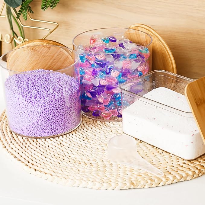 Laundry Detergent Dispenser, 3 Pack Clear Laundry Pods Container, Laundry Room Organization Storage Containers for Laundry Detergent, Powder, Pods, Scent Booster Beads, 2 Spoons