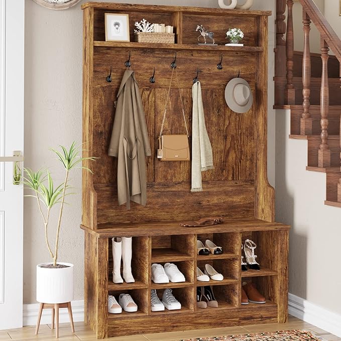 Itaar Hall Tree with Bench and Shoe Storage, Entryway Bench with Coat Rack, Shoe Cabinet with Coat Hooks, Rustic Brown