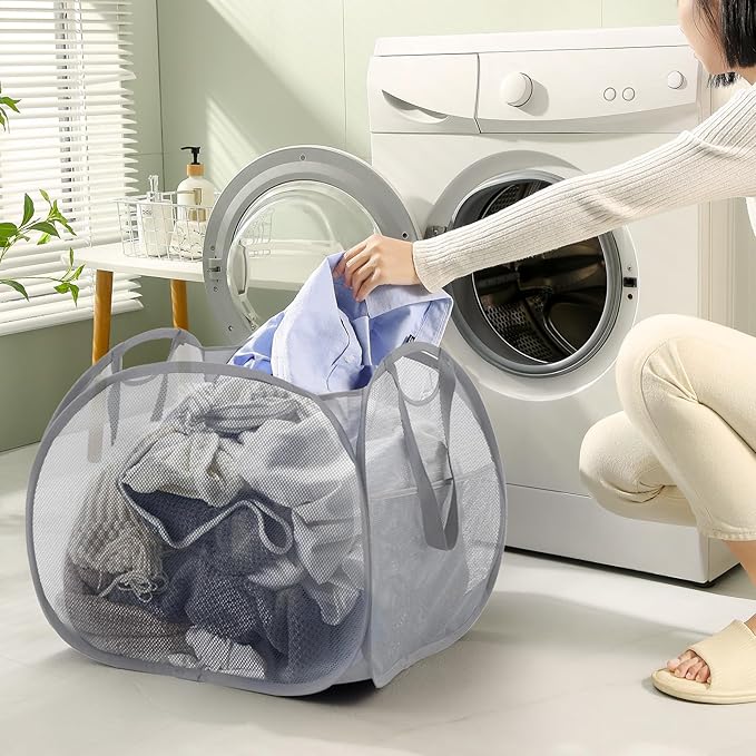 TECHMILLY Collapsible Mesh Pop Up Laundry Hamper with Strong Handles, Large Opening Clothes Hamper with Side Pockets, Storage Baskets for Dorm, Laundry Room, Bathroom or Travel (Grey, 90L)