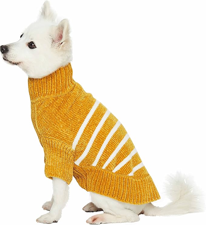 Blueberry Pet Cozy Soft Chenille Classy Striped Dog Sweater in Mustard, Back Length 16", Pack of 1 Clothes for Dogs
