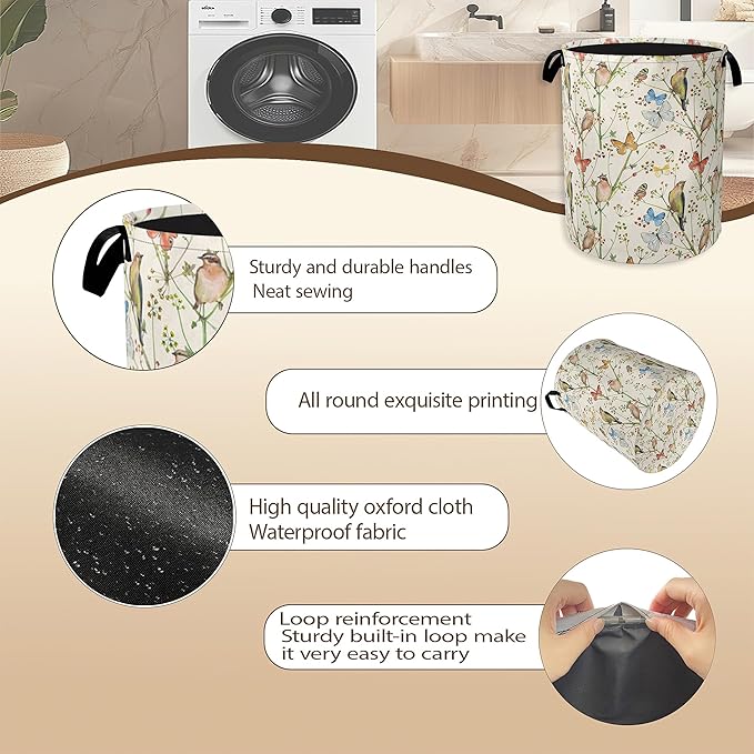 Laundry Hamper,Watercolor Bird Laundry Basket,Spring Flower Butterfly Portable Collapsible Laundry Room Organization Storage for Dorm Room,Nursery,Bathroom,Bedroom,16x20 Inch