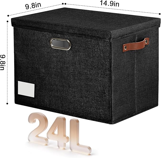 15" Large Collapsible Storage Bins with Lids, Stackable Closet Organizers with PU Handle and Labels, 3-Pack Decorative Fabric Storage Boxes for Home, Bedroom, Closet, Office, Nursery(Black)