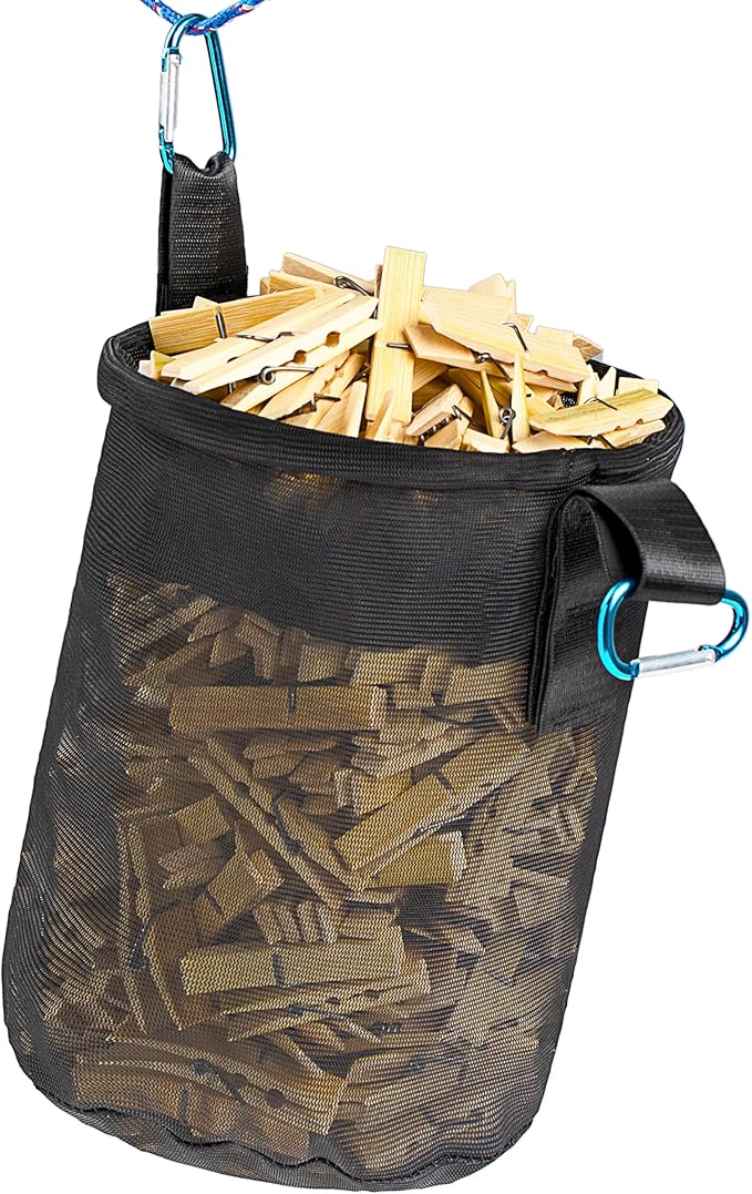 Mesh Clothespin Bag Holder Outside, Multiple Hanging Methods Clothes Pin Bag with Drawstring Closure, Ventilation and Moisture Resistance, Large-Capacity Clothespin Storage Organizer with Hooks
