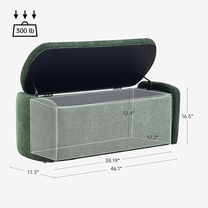VKNOW Oval Storage Ottoman Bench, 46" Upholstered End of Bed Bench Ottomans Bench Foot Rest, Sherpa Storage Bench for Bedroom, Living Room and Hallway, Green