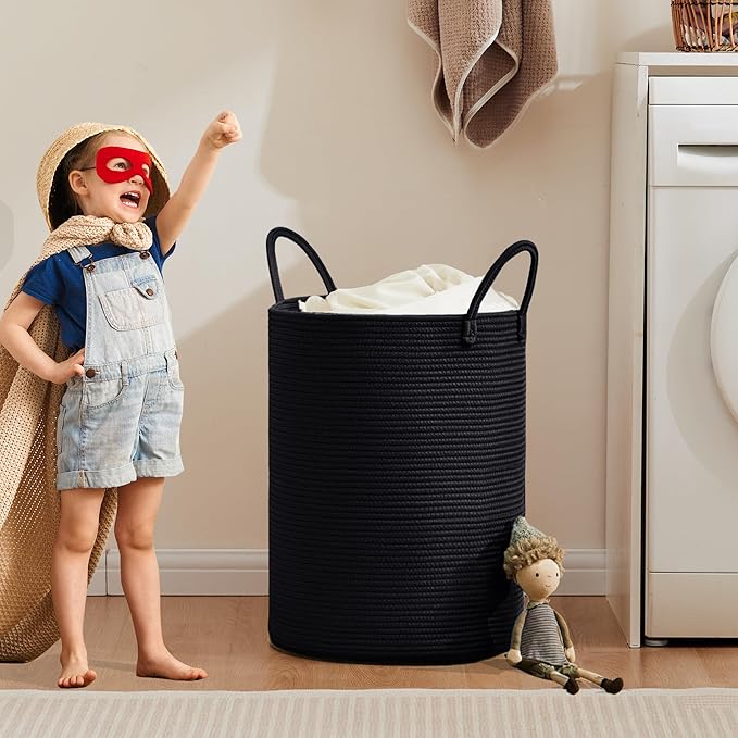 60L Black Woven Rope Hamper Laundry Basket for Clothes Tall Modern Blanket Storage Basket in Living Room Bedroom 15Dx20H inches
