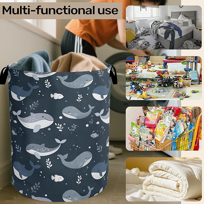 Cute Whale Marine Animals Foldable Canvas Laundry Basket with Handles - Toy Organizer, Heavy Duty for Home，Bedroom, Dorm, Bathroom