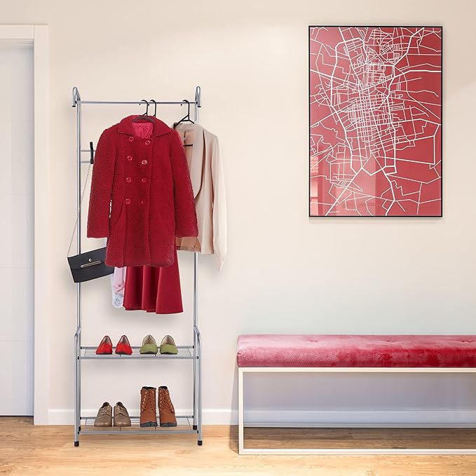 Relaxdays Coat Rack Shelves, 4 Pairs of Shoes, 4 Hooks, 1 Clothes Rail, for Hallway HWD: 173 x 60 x 31cm, Grey, 100% Steel