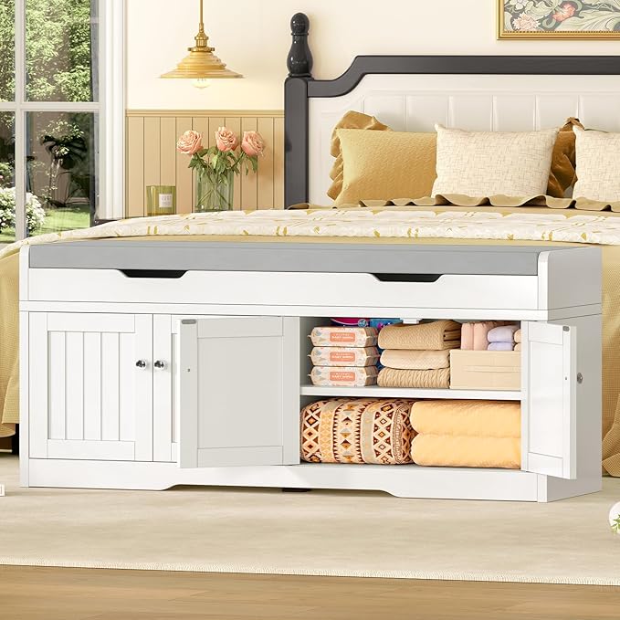 usikey 3-Tier Storage Bench, 47.2" Wide Shoe Bench with Lift Top Storage & 2 Adjustable Shelves, Entryway Bench with Padded Seat Cushion, 4 Doors, Shoe Cabinet Bench for Entryway, Living Room, Bedroom