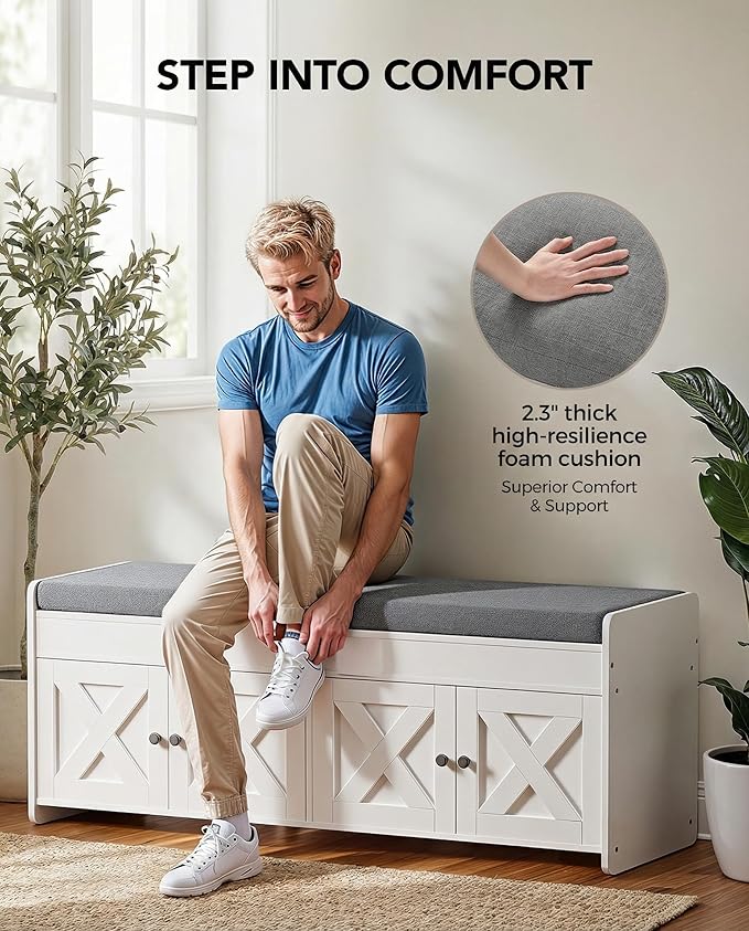 Amada Shoe Storage Bench with Cushion, 47.2" Long Entryway Bench with Lift Top Storage, 4-Door Shoe Bench with Adjustable Shelves, 300 lb Capacity for Entryway, Bedroom, Living Room, Classic White