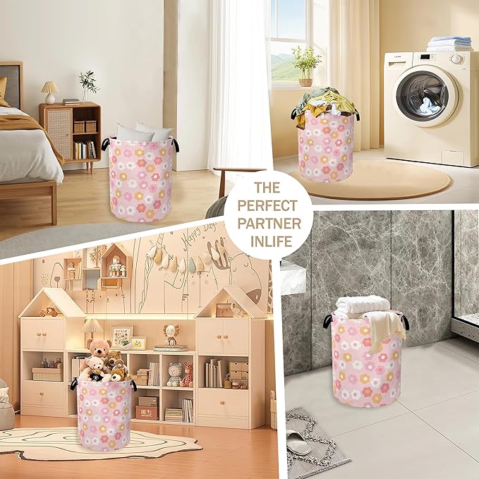60s Groovy Flowers Laundry Basket,Pink Floral Clothes Hamper,Oxford Cloth Collapsible Nursery Hamper Storage Organization for Bedroom,Bathroom,Office,College Dorms,16x20 Inch