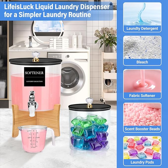Laundry Detergent Dispenser Set 2 Pack Large & Small Liquid Laundry Soap Dispensers with Bamboo Stands Acrylic Laundry Detergent Containers Total Capacity About 1.25 Gallons Laundry Room Organization