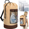 Laundry Bag Backpack with 3 Sizes Mesh Wash Bags and Shoulder Straps Foldable Clothes Hamper Bag with Drawstring Closure for College, Apartment, Laundromat (Brown)