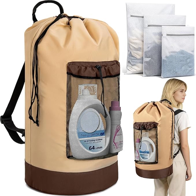 Laundry Bag Backpack with 3 Sizes Mesh Wash Bags and Shoulder Straps Foldable Clothes Hamper Bag with Drawstring Closure for College, Apartment, Laundromat (Brown)