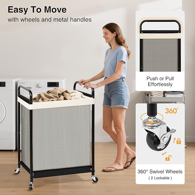 STO STO 120L Large Laundry Hamper with Wheels, Rolling Laundry Basket Cart with Removable Canvas Liner Bag, Lockable Wheels, Metal Frame, Dirty Clothes Hamper for Bedroom, Bathroom, Laundry Room