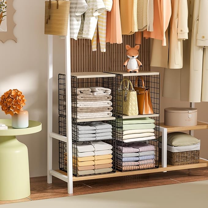 6-Tier Closet Organizers and Storage, Closet Shelves with Adjustable Dividers & Wood Top, Dual-Layer Reinforced Storage Bins, Larger Capacity Clothes Shelf Basket for Closet Organizer System