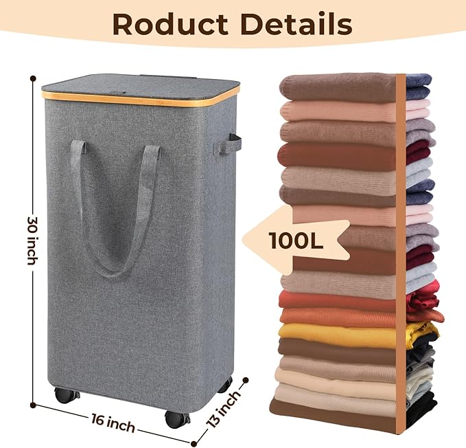 Large Laundry Hamper, 100L Laundry Basket with Handle and Removable Bag - Collapsible Clothes Basket Organizer for Laundry Room, Bedroom, Bathroom & Dorm - Grey